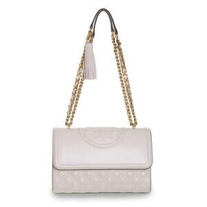 Tory Burch Womens Fleming Quilted Leather Shoulder Handbag Ivory Medium